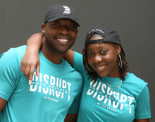 Girl and man wear Black B logo cap, front and backward facing
